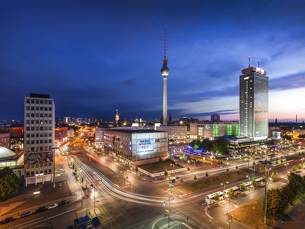 Alexanderplatz at sunset, on the left the teacher's house, Berliner Fernsehturm, on the right the Hotel Park Inn, Alexanderplatz, Berlin, Germany, Europe