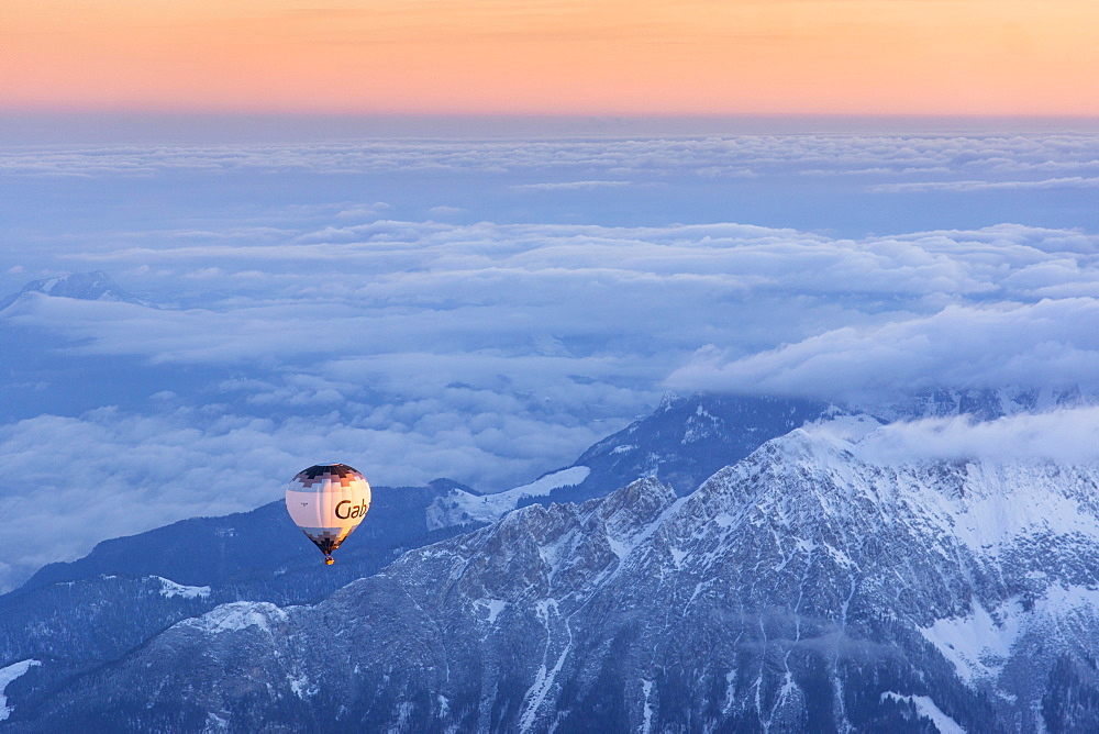 Morning light, sunrise during a balloon ride, view of the Alps, position about 5400 m above sea level, over Neukirchen am Großvenediger, Viewing direction Westendorf and Kitzbühel, Austria, Europe