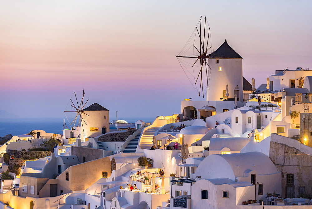 Town, windmills, dusk, Oia, Santorini, Cyclades, Greece, Europe