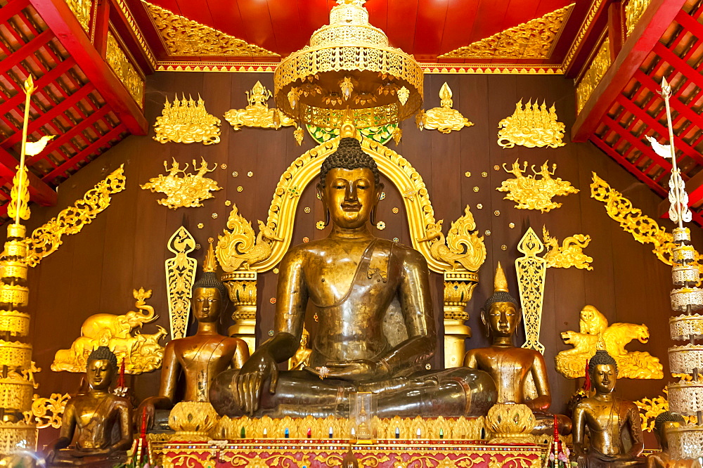 Sacred Buddha statue in Ubosoth or Bot, temple complex Wat Phra Kaew, Chiang Rai, Chiang Rai province, northern Thailand, Thailand, Asia