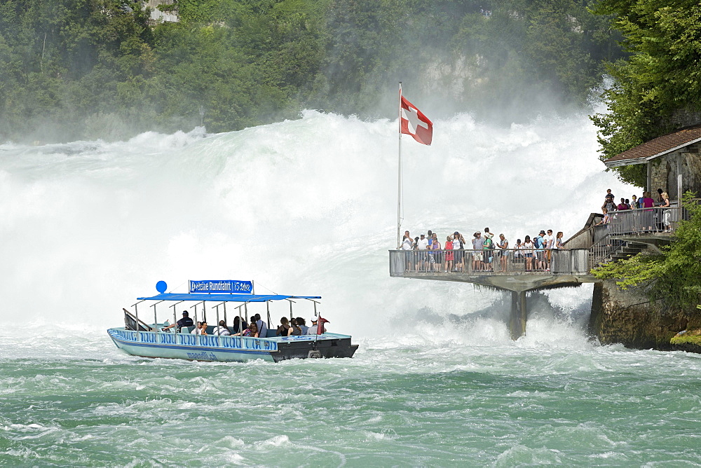 Boat and observation deck, Rheinfall, Canton of Schaffhausen, Switzerland, Europe