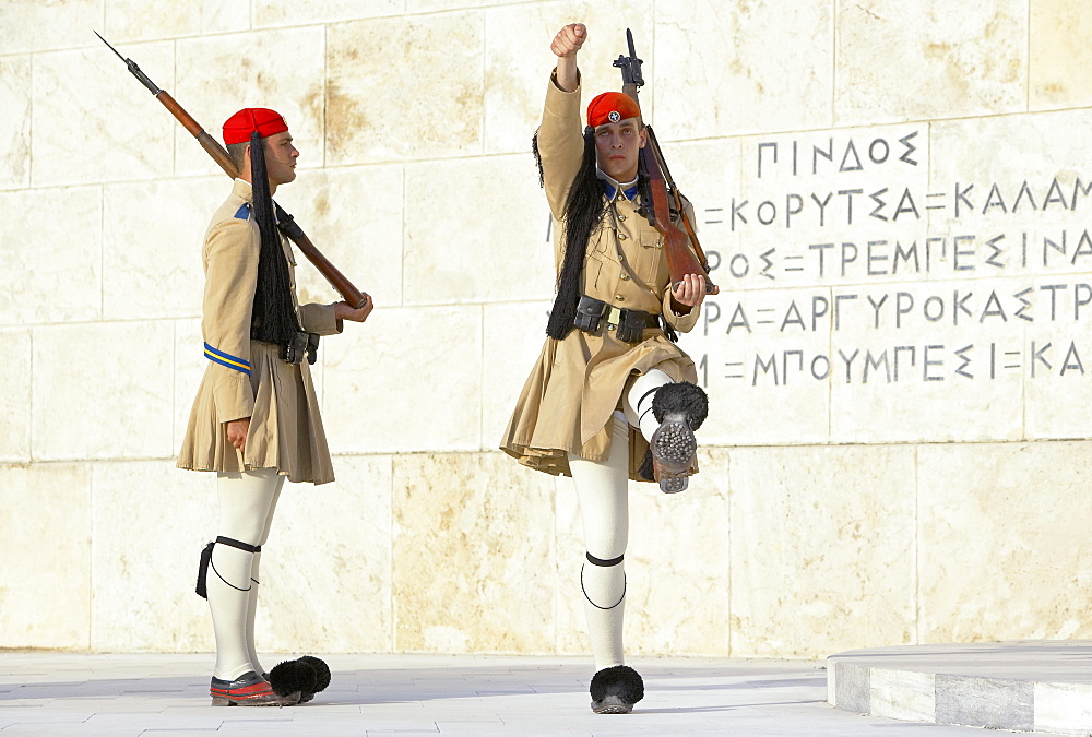 Evzone soldiers performing change of guard, Athens, Greece, Europe