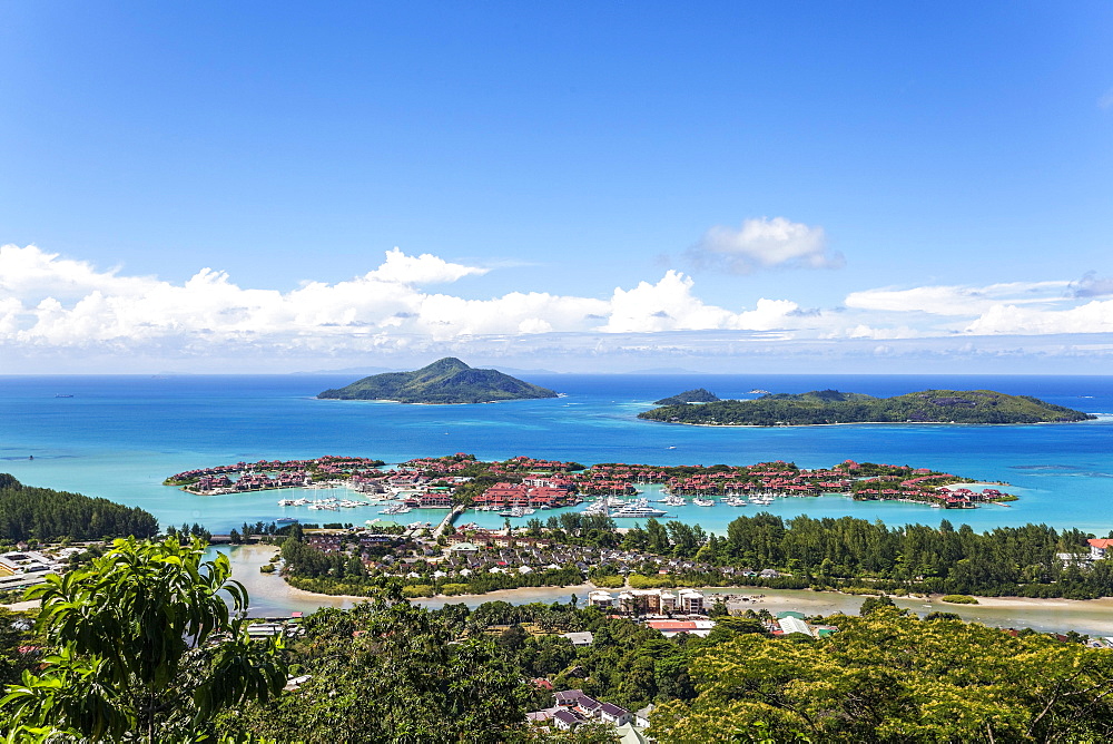 East cost with Resort Eden Island, Ile au Cerf, Ste Anne Marine National Park, Mahe Island, Seychelles, Africa