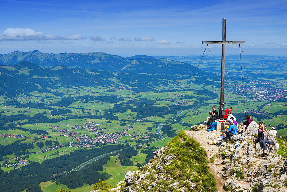 Hikers at the summit, view from Rubihorn, 1957 m, Iller Valley, Allgau, Bavaria, Germany, Europe