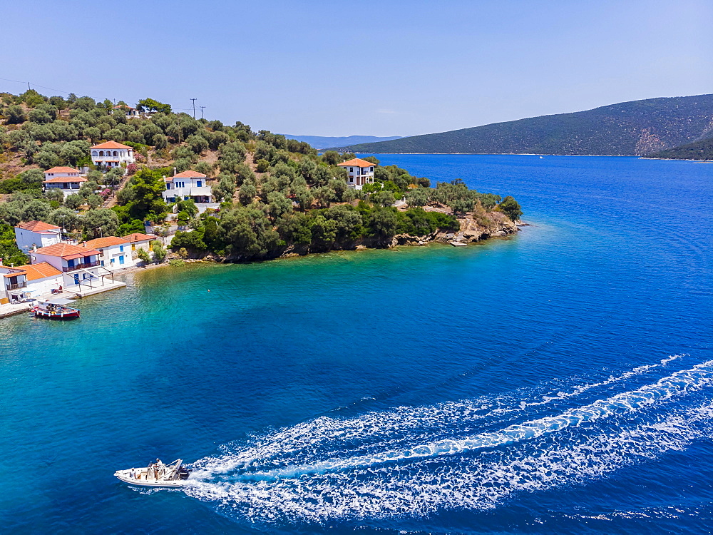 Aerial View, Paleo Trikiri Bay, Pangias Trikeri Island, Trikeri-Milina, Volos Region, Trikiri Strait, Pelion Peninsula, Pagaitic Gulf, Greece, Europe