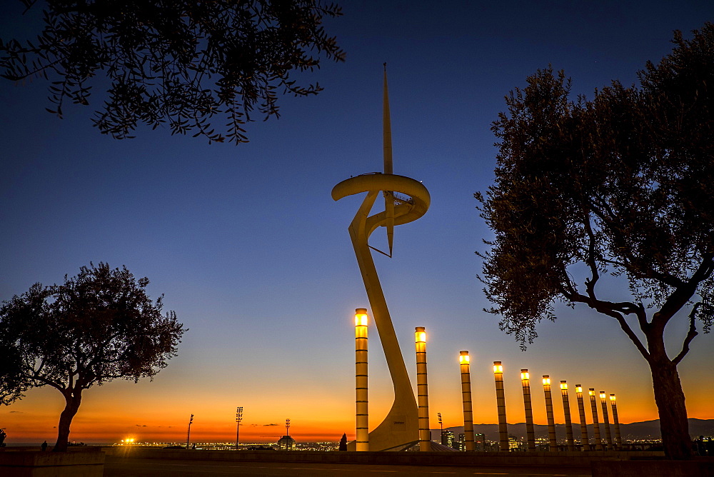 Calatrava Tower in Olympic Park at night, Montjuic, Barcelona, Catalonia, Spain, Europe