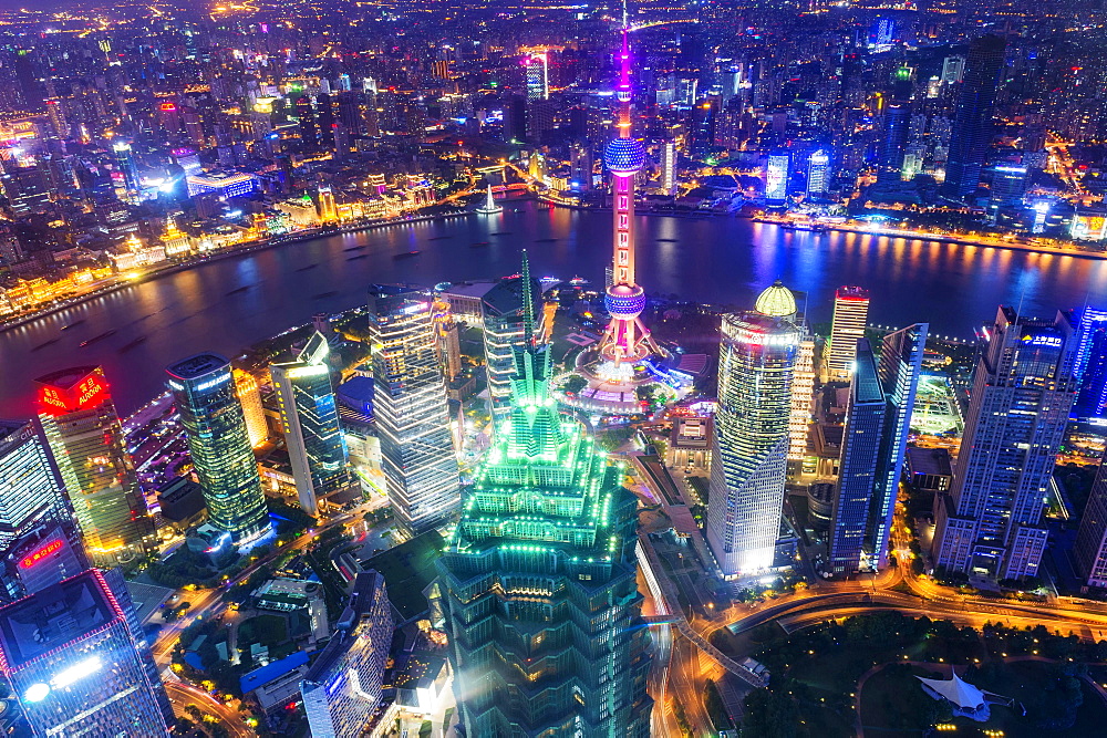 View over Pudong at night, Shanghai, China, Asia