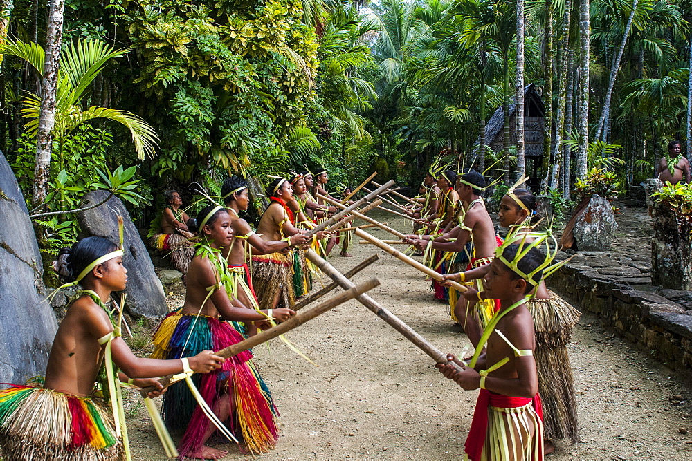 Stick dance performed by the tribal people of Yap Island, Caroline Islands, Micronesia, Oceania