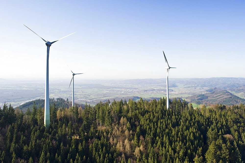 Aerial view, wind turbines on Rosskopf mountain, Freiburg im Breisgau, Baden-Wuerttemberg, Germany, Europe