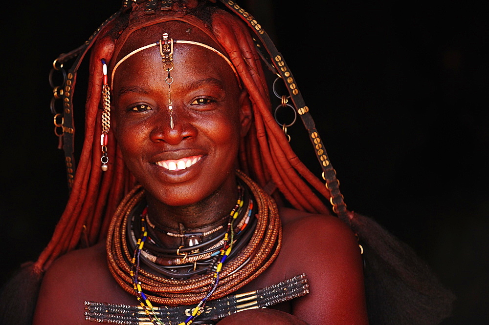 Portrait of a married Himba woman, smiling, Kunene District, Kaokoveld, Namibia, Africa