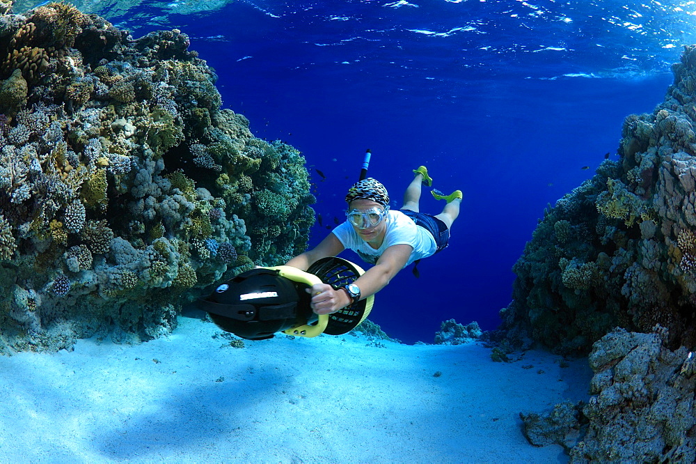 Freediver diving with underwater scooter, Red Sea, Egypt, Africa