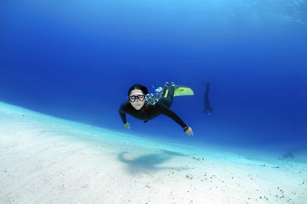 Freediver above sandy bottom, Red Sea, Egypt, Africa