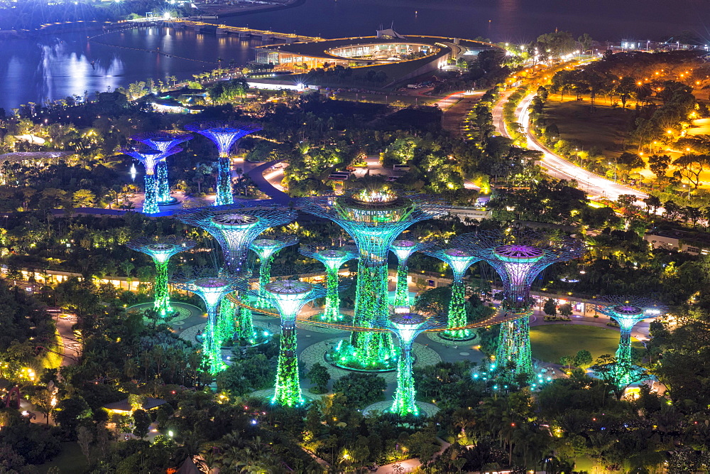 The Supertree Grove, Gardens by the Bay at night, Singapore, Asia