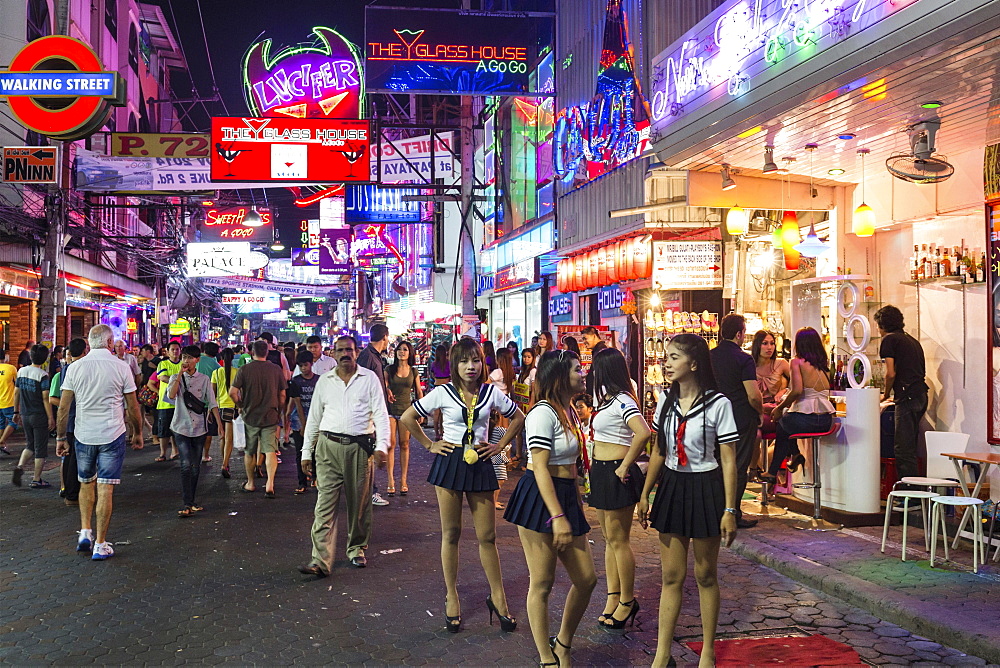 Walking Street, pedestrian zone, nightlife, bars, nightclubs, neon signs, Pattaya, Chon Buri Province, Thailand, Asia