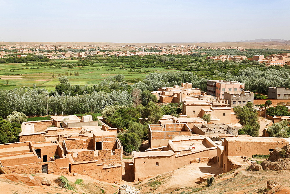 View over El Kelaa and the Valley of Roses, where Damask Roses (Rosa damascena) are grown, Valley of Roses, Dades Valley, southern Morocco, Morocco, Africa