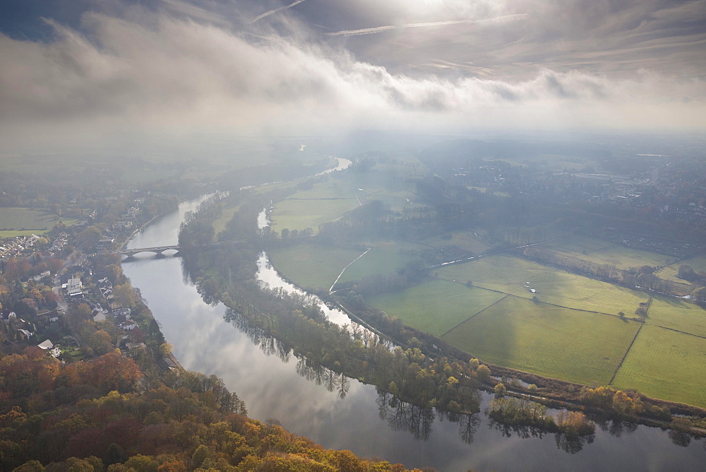 Aerial view, floodplains of the Ruhr River with autumnal clouds, morning fog, Mulheim an der Ruhr, Ruhr area, North Rhine-Westphalia, Germany, Europe