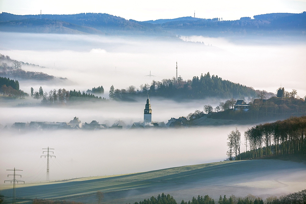 Eversberg in the fog, Meschede, Sauerland region, North Rhine-Westphalia, Germany, Europe