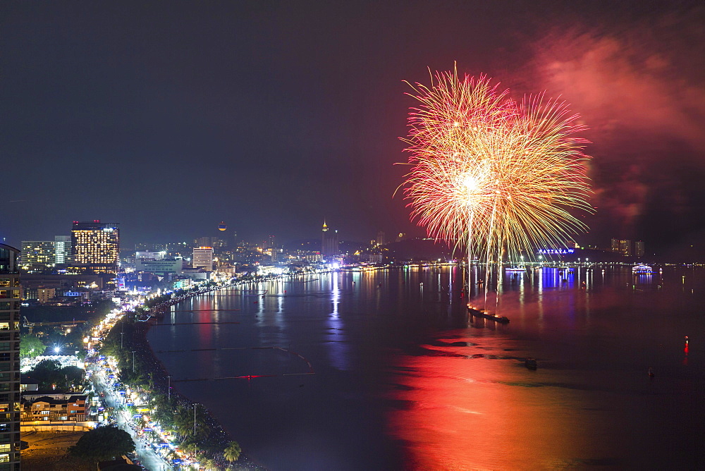 Fireworks at night, in the Bay of Pattaya, Beach Road, Pattaya, Chon Buri Province, Thailand, Asia