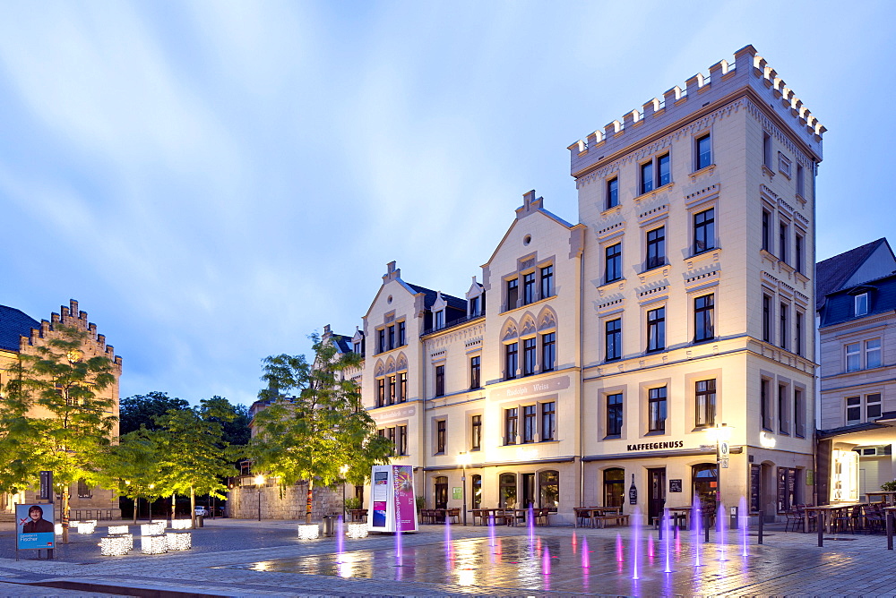Albertsplatz with historic residential and commercial building, Coburg, Upper Franconia, Bavaria, Germany, Europe