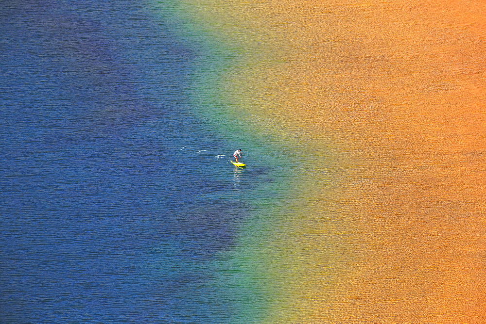 Person with standing paddle in the water, Playa de Las Teresitas, beach at San Andrés, Santa Cruz de Tenerife, Tenerife, Spain, Europe