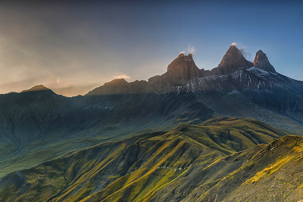 Aiguilles d'Arves mountain in the morning light, Pelvoux, Dauphine Alps, Savoie, France, Europe