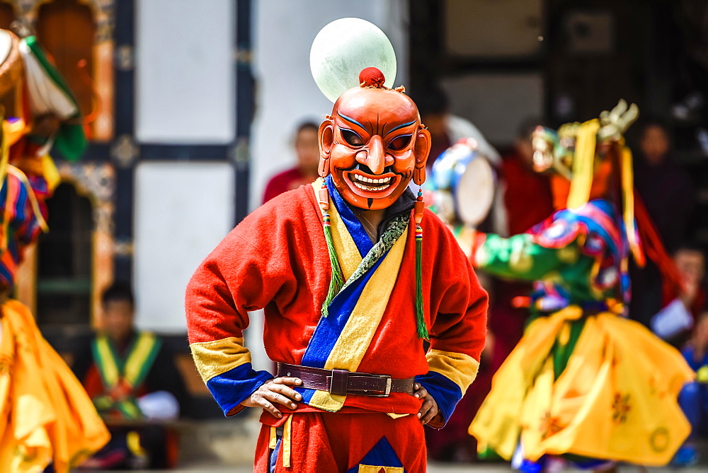 Fool, jester at the Mask Dance, religious Tsechu Monastery Festival, Gasa District District District Tshechu Festival, Gasa, Himalaya Region, Kingdom of Bhutan