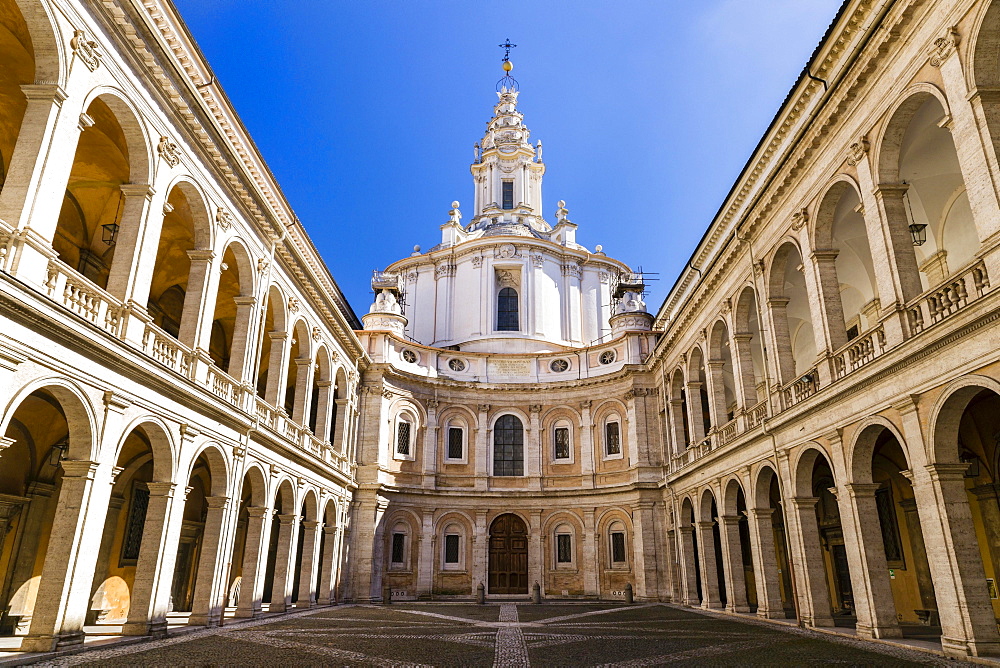 Courtyard of Studium Urbis, Cortile della Sapienza, Palazzo della Sapienza, and the baroque church of Sant'Ivo alla Sapienza by Francesco Borromini, Rome, Lazio, Italy, Europe