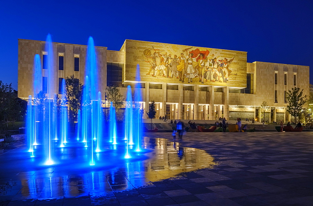 National Historical Museum with Fountain, Muzeu Historik Kombëtar, at night, Skanderbeg Square, Tirana, Albania, Europe