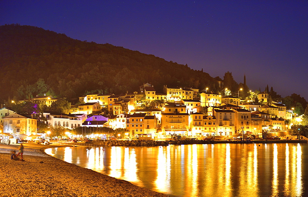 Historic centre and harbor at night on the Adriatic coast, Moscenicka Draga, Primorje-Gorski Kotar, Kvarner Gulf, Istria, Croatia, Europe