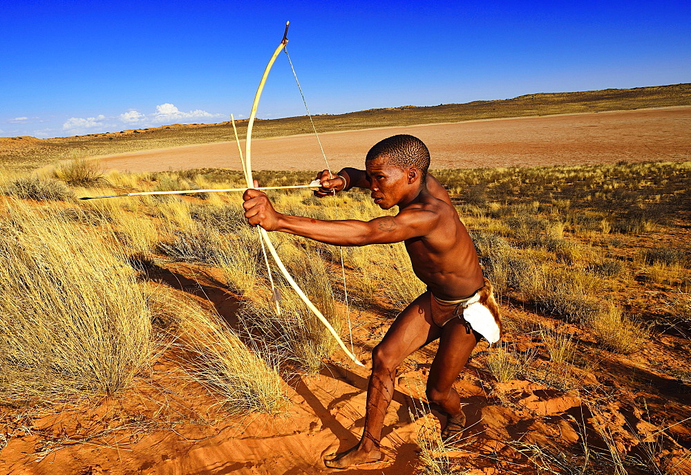 Bushman of the San people hunting, !Xaus Lodge, Kalahari or Kglagadi Transfrontier Park, Northern Cape, South Africa, Africa