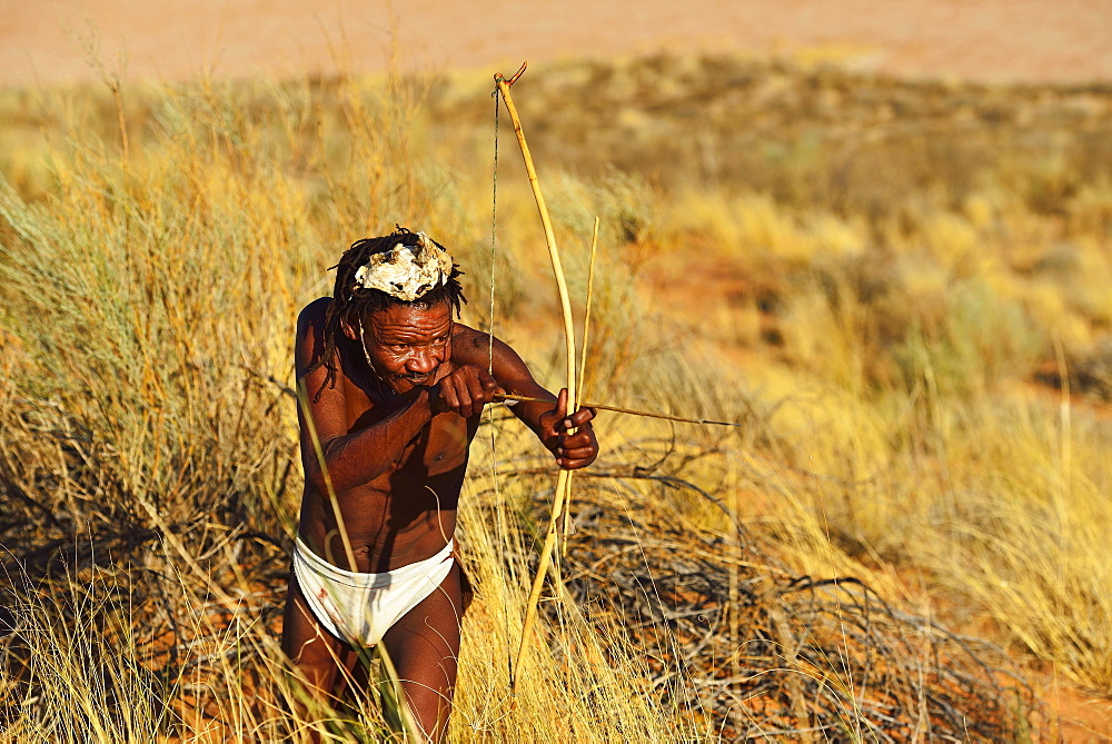 Bushman of the San people hunting, !Xaus Lodge, Kalahari or Kglagadi Transfrontier Park, Northern Cape, South Africa, Africa