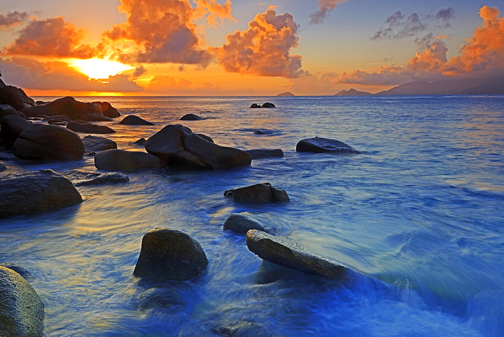 Colourful sunset at Anse Soleil, Mahe Island, Seychelles, Africa