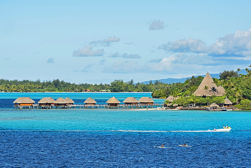 Overwater bungalows, lagoon, Bora Bora, French Polynesia, Oceania