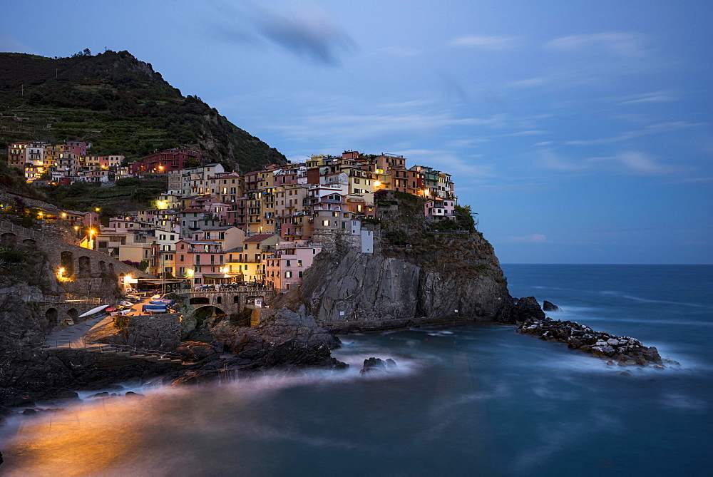 Townscape in the evening, UNESCO World Heritage Site, Manarola, Cinque Terre National Park, Liguria, Italy, Europe