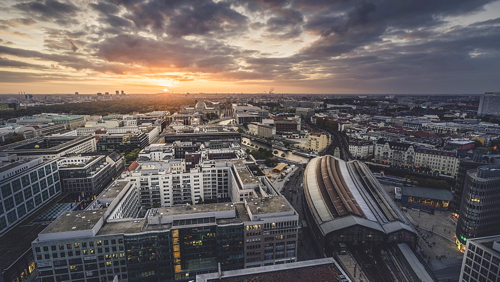 Friedrichstraße with train station at sunset, Berlin, Germany, Europe