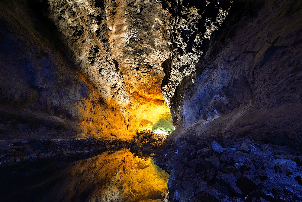 Water reflections in the cave Cueva de los Verdes, illuminations of the cave system of a lava tube designed by Cesar Manrique, Lanzarote, Canary Islands, Spain, Europe