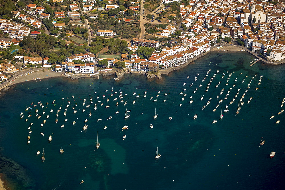 Aerial view, sailing boats, historic centre, Bay of Cadaques, Cadaques, Costa Brava, Catalonia, Spain, Europe