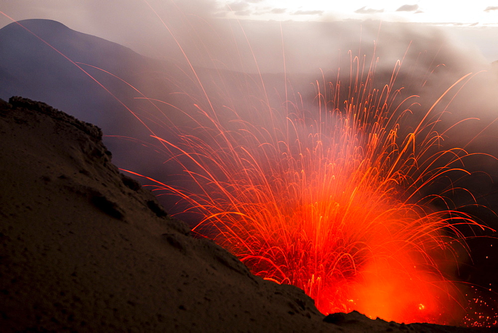 Eruption of Mount Yasur volcano, Tanna Island, Vanuatu, Oceania