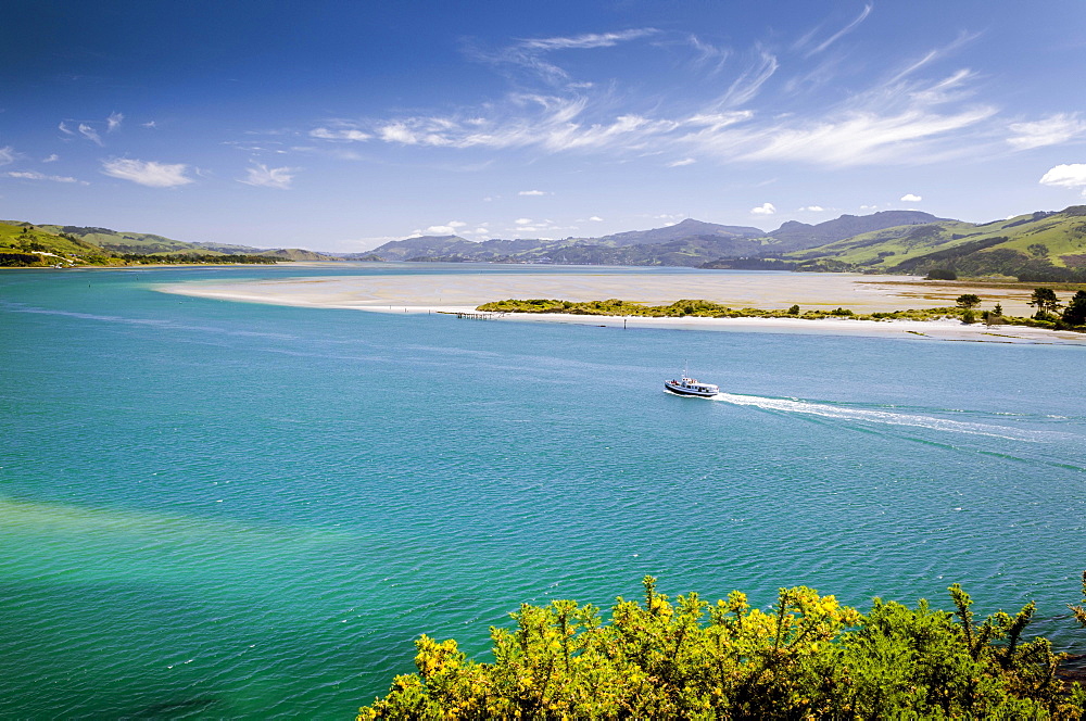 Boat crossing Hoopers Inlet, Otago Region, South Island, New Zealand, Oceania