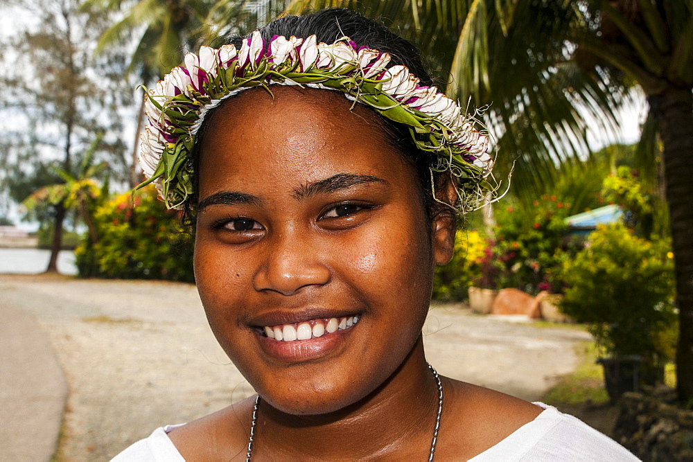 Girl with flowers in her hair, Yap Island, Caroline Islands, Micronesia, Oceania