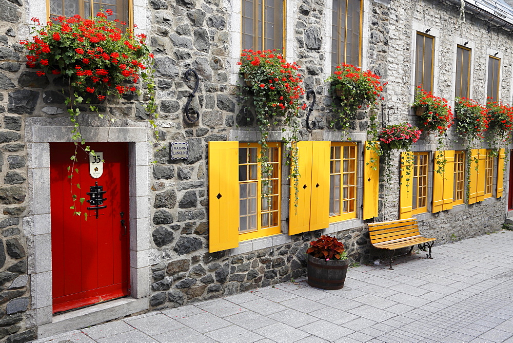 Red door, yellow windows, Rue du Petit-Champlain, Quebec, Quebec Province, Canada, North America