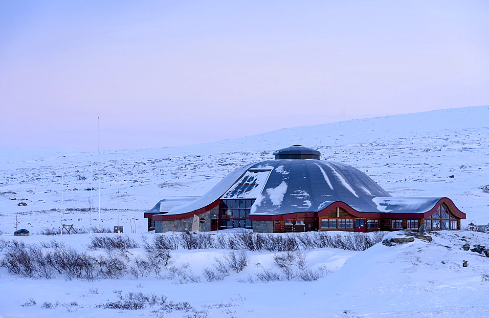 Closed visitor center at the Arctic Circle in winter, dusk, Saltfjellet, Norway, Europe