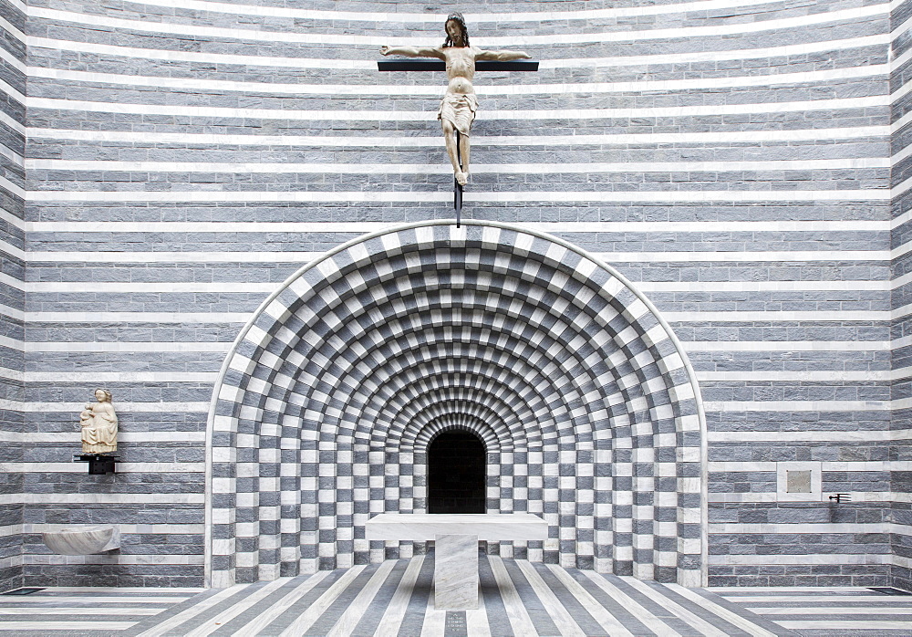 Chancel of the church Chiesa di San Giovanni Battista, architect Mario Botta, Fusio, Mogno, Lavizzara, Canton of Ticino, Switzerland, Europe