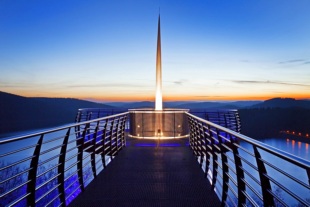 Illuminated viewing platform Biggeblick, Biggesee reservoir, Attendorn, Sauerland, North Rhine-Westphalia, Germany, Europe