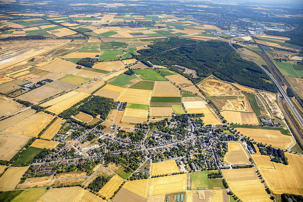 Aerial view, Hambach Forest, Burwald Steinheide, landscape conservation area, lignite open-pit mining, protest, forest occupation, Manheim, Elsdorf, Rhineland, North Rhine-Westphalia, Germany, Europe