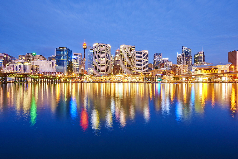 Skyline with skyscrapers in Darling Harbour at dusk, Sydney, New South Wales, Australia, Oceania