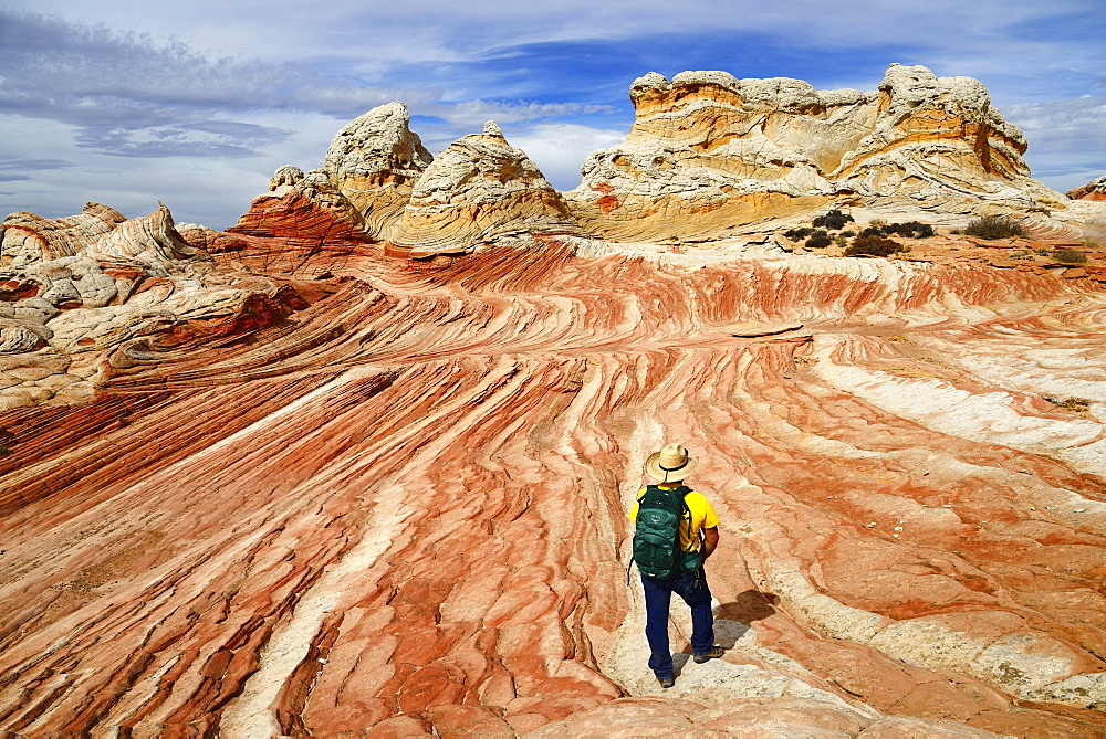 Hiker in White Pocket Canyon, Kanab, Utah, USA, North America