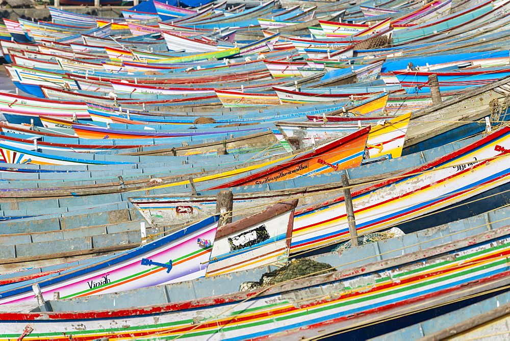 Colorful fishing boats in the harbour, Vizhinjam, Kerala, India, Asia
