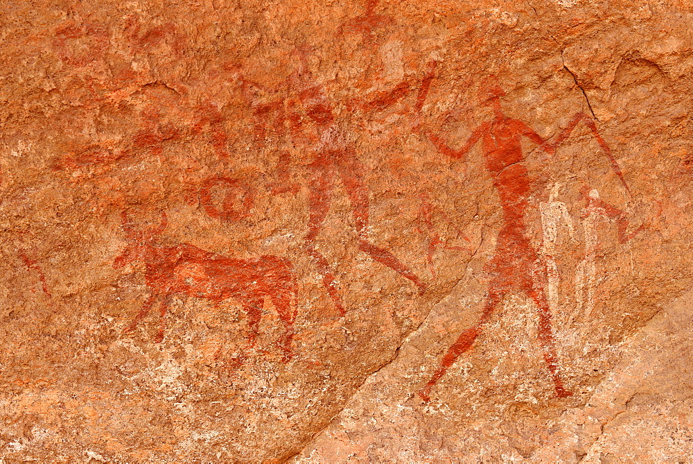 Neolithic rock art, rock painting of cows, bulls and warriors, Bovidian period, Tadrart, Tassili n'Ajjer National Park, Unesco World Heritage Site, Algeria, Africa