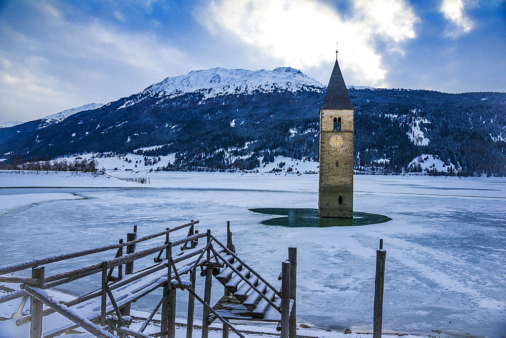 Church tower in Lake Reschen, Graun, Reschen Pass, Vinschgau, South Tyrol, Italy, Europe